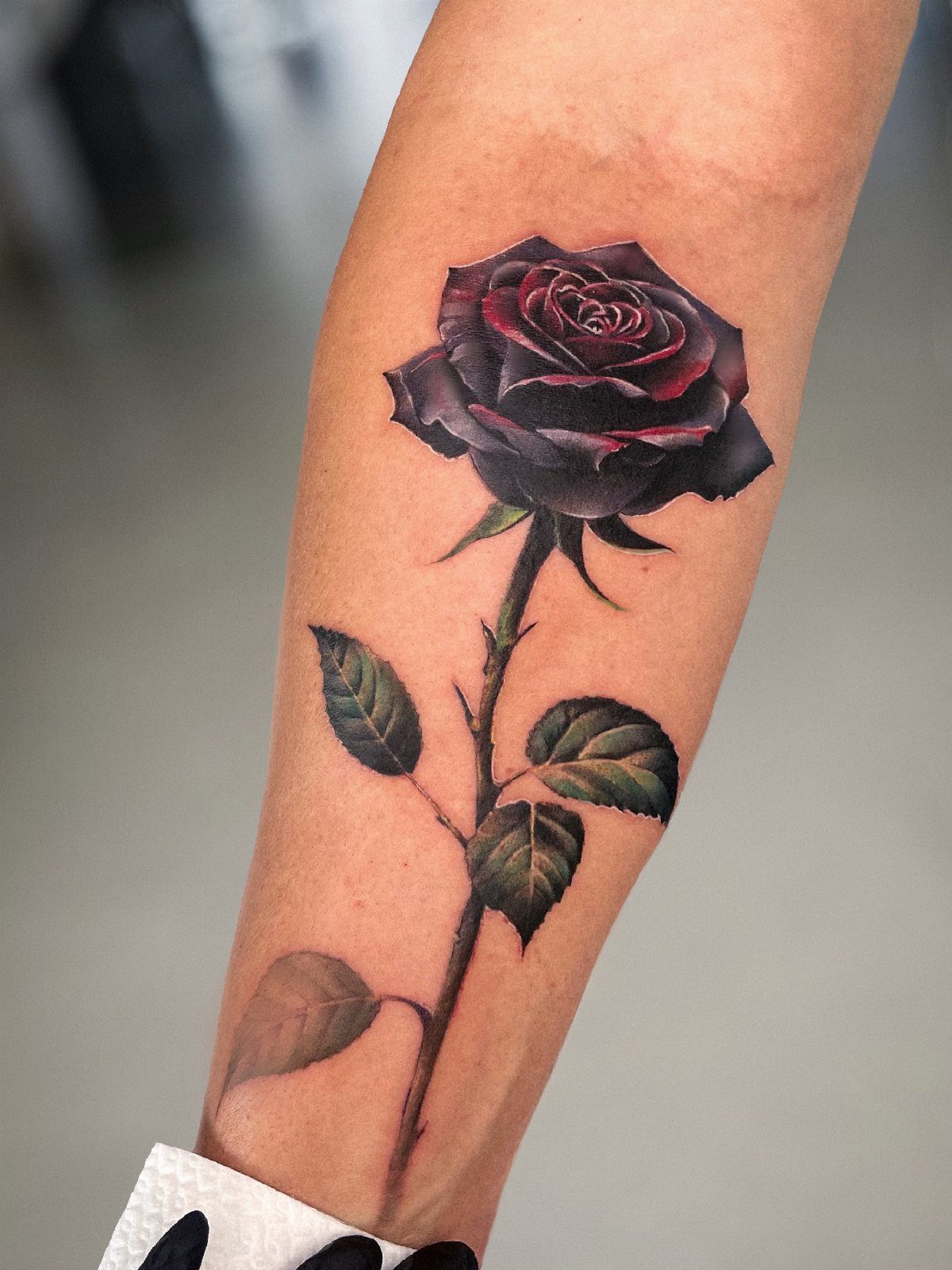 Black rose tattoo with green leaves and stem on a person's forearm