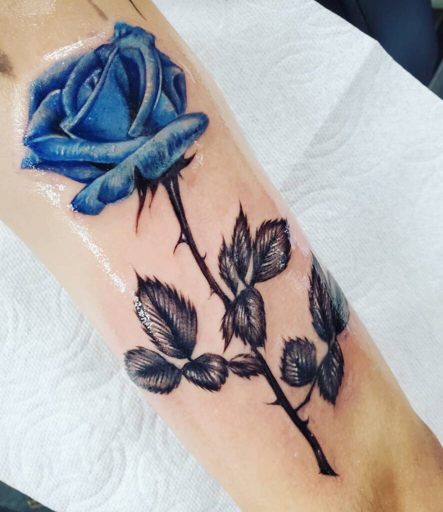 Blue rose tattoo with black stem and leaves on a person's forearm