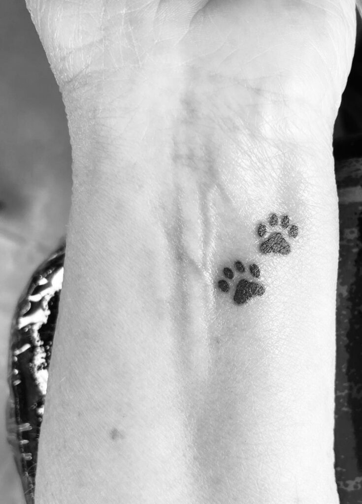Two small dog paw print tattoos on a person's inner wrist.