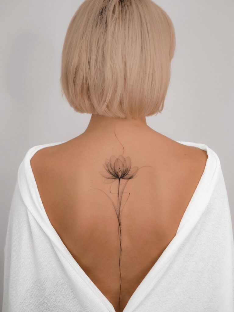 Fine-line flower tattoo with a long stem running down a person's spine.