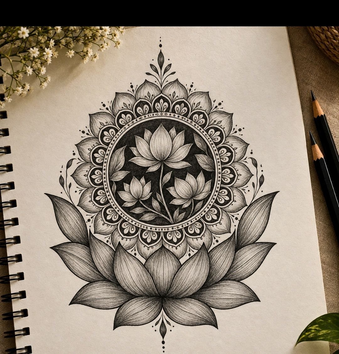 Lotus flower and mandala ink drawing on a notebook page with pencils.