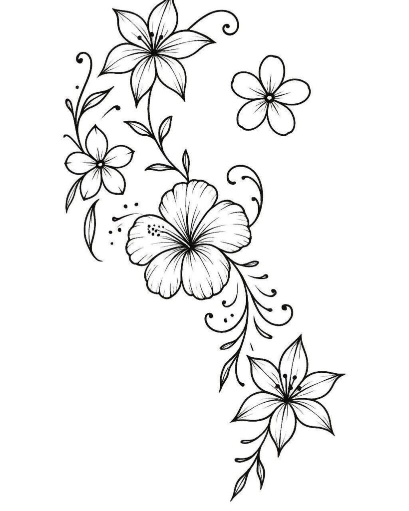 Black ink floral tattoo outline featuring lilies and hibiscus with swirling vines.