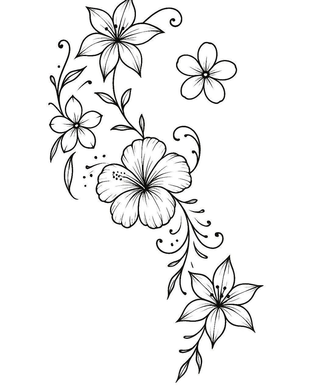 Black ink floral tattoo outline featuring lilies and hibiscus with swirling vines.