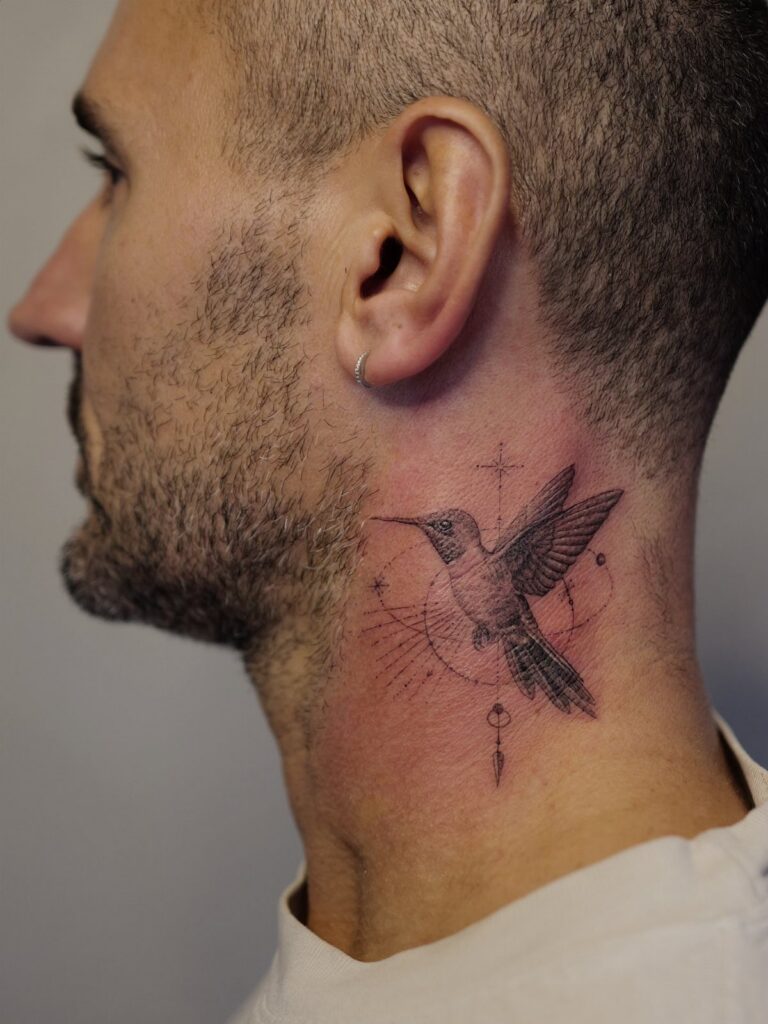 Hummingbird tattoo with geometric elements on a man's neck in profile view