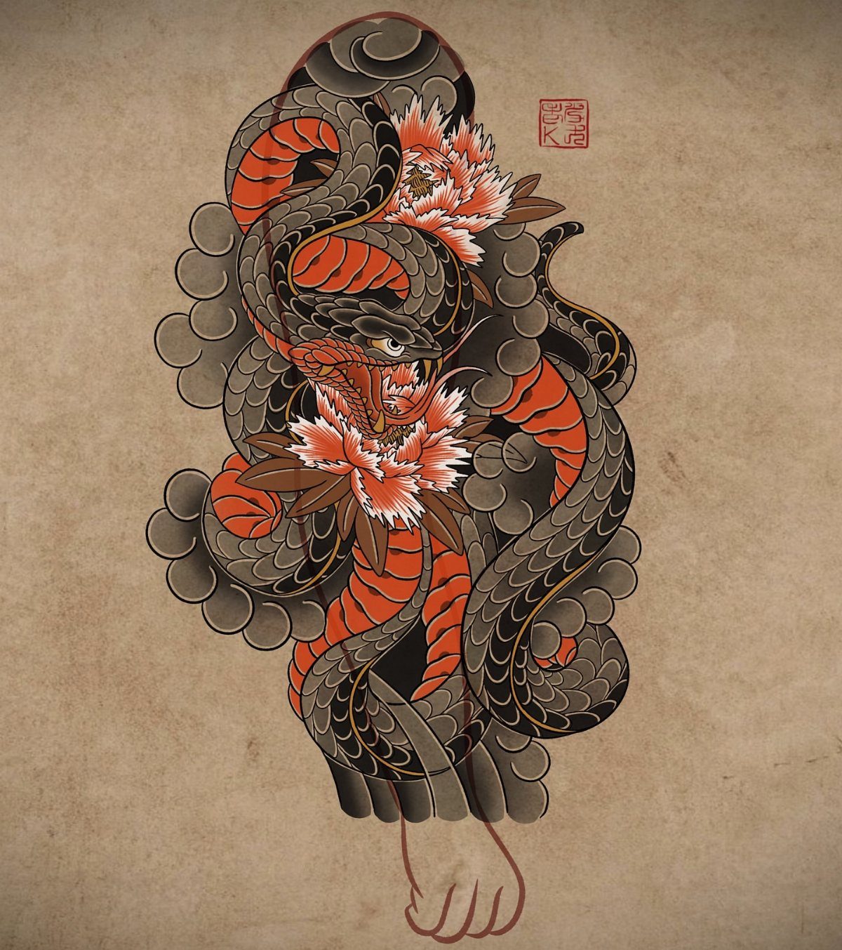 Japanese snake tattoo design with red and grey scales and white flowers