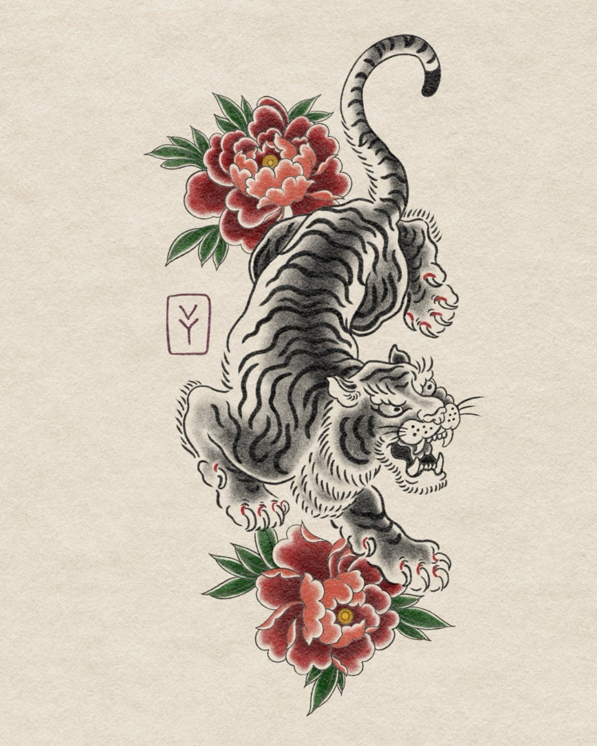 Japanese tiger tattoo design with red peonies on textured beige paper