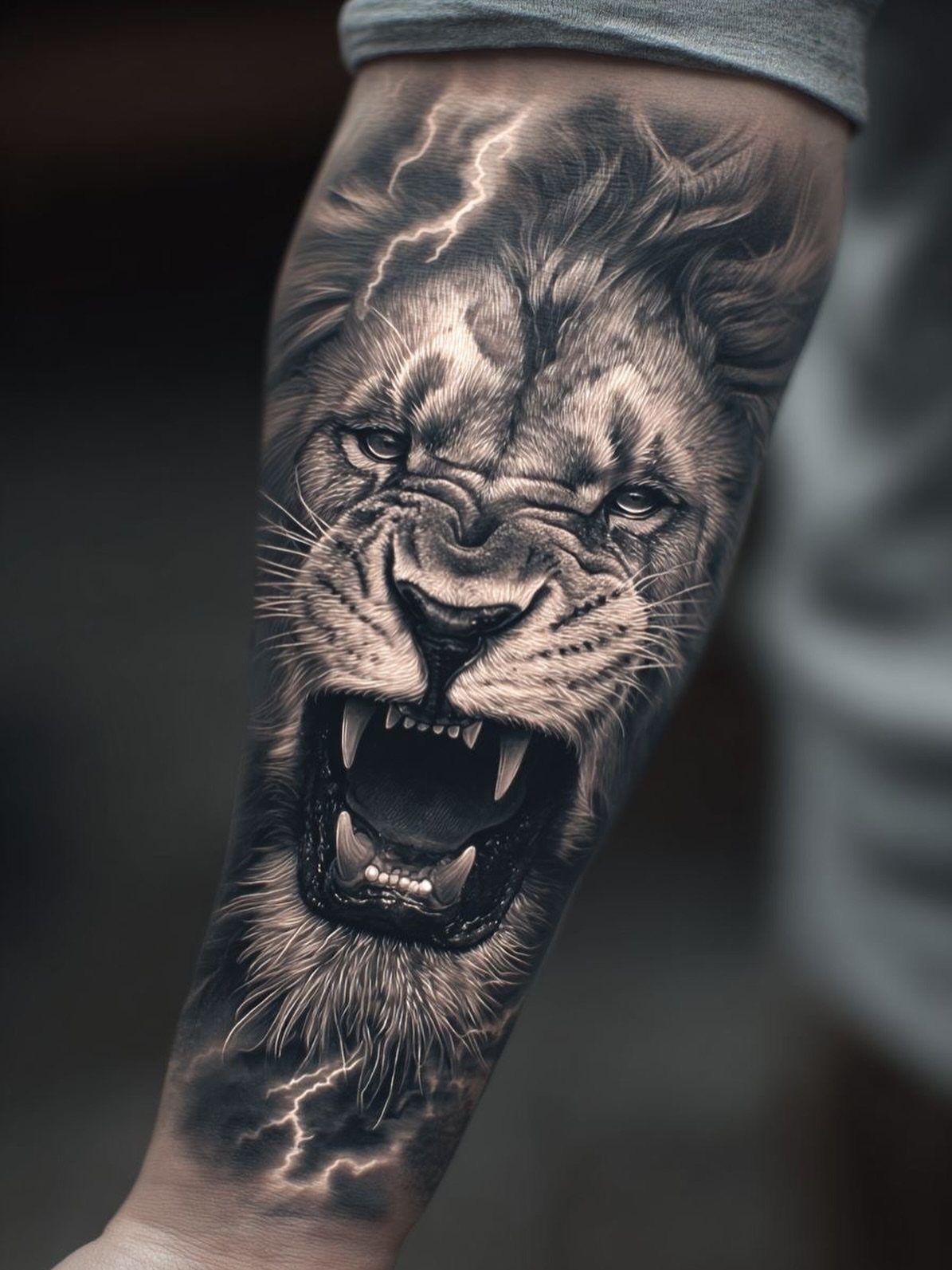 Roaring lion head tattoo with lightning bolts on a person's forearm