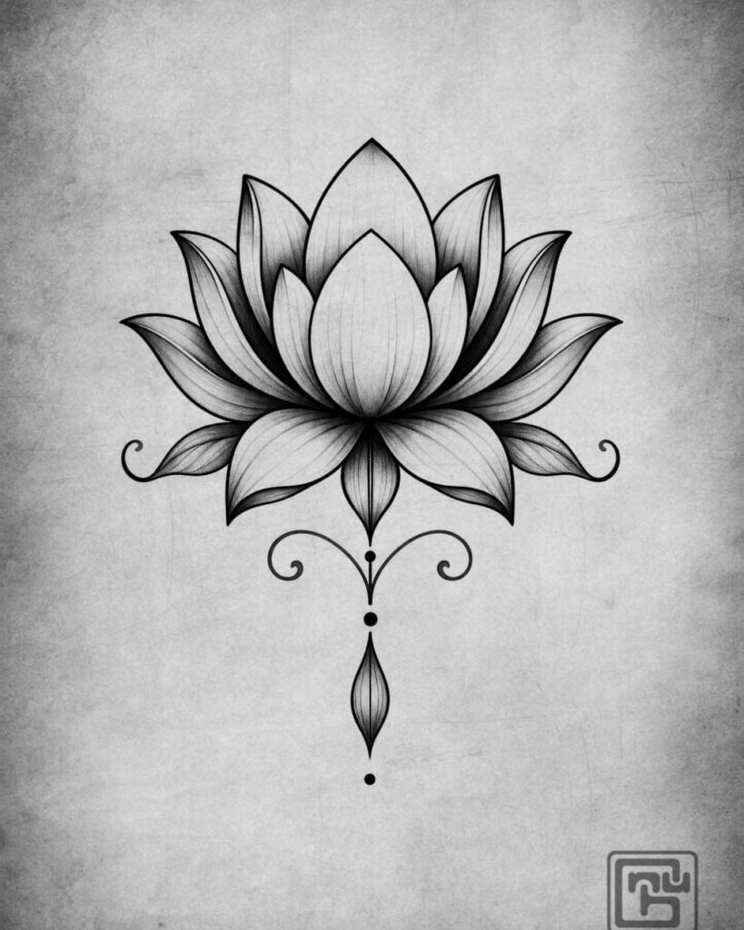 Symmetrical lotus flower tattoo design with decorative swirls on a textured grey background