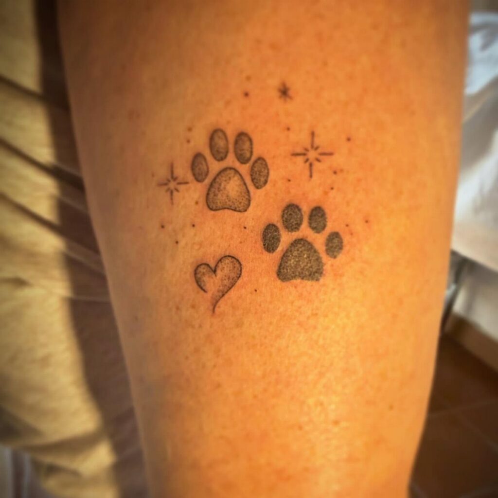 Two small paw print tattoos with a heart and stars on skin.