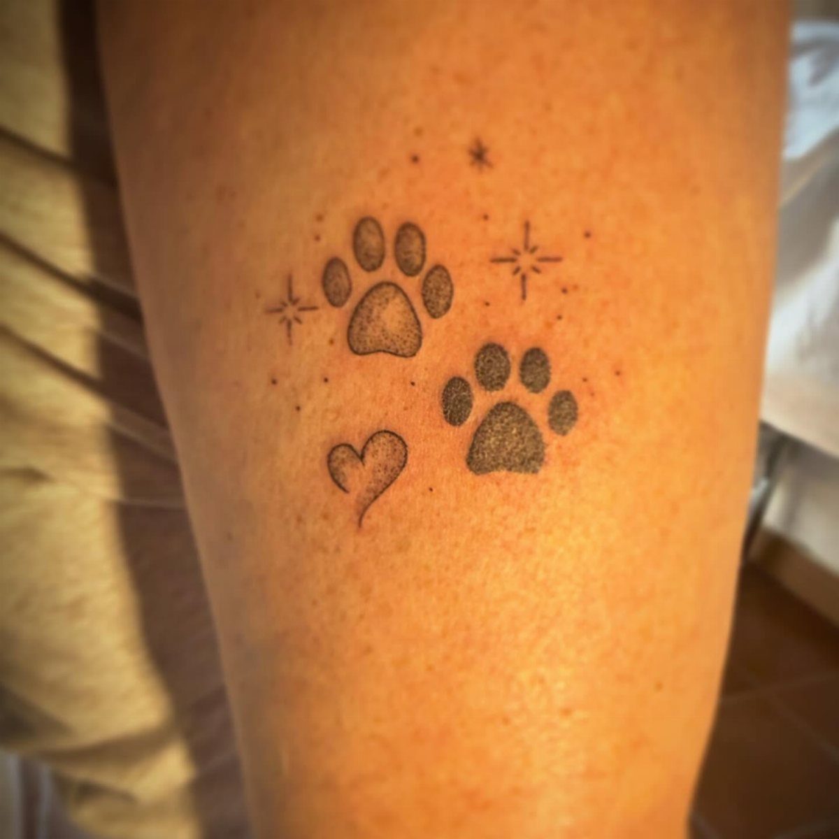 Two small paw print tattoos with a heart and stars on skin.
