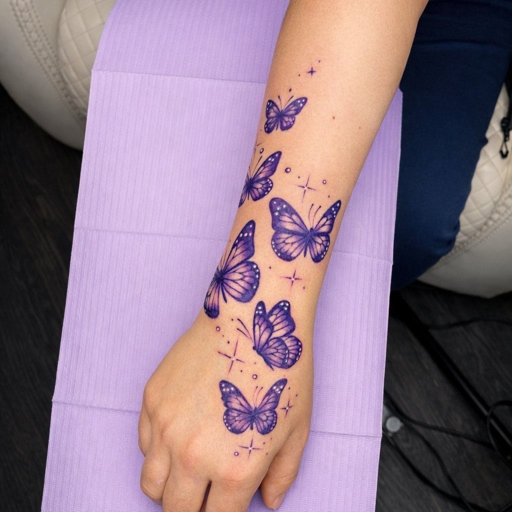 Purple butterfly tattoos with small stars on a person's forearm and wrist.