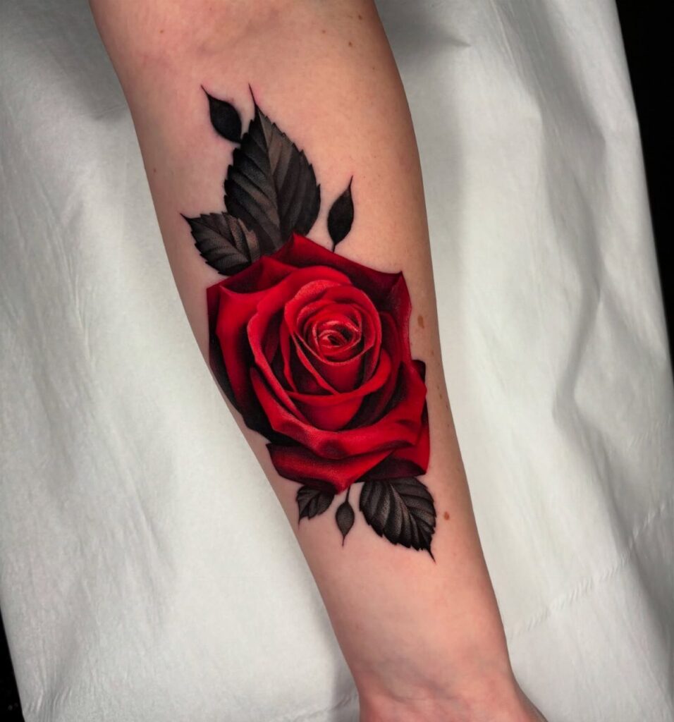 Red rose tattoo with black leaves on a person's forearm