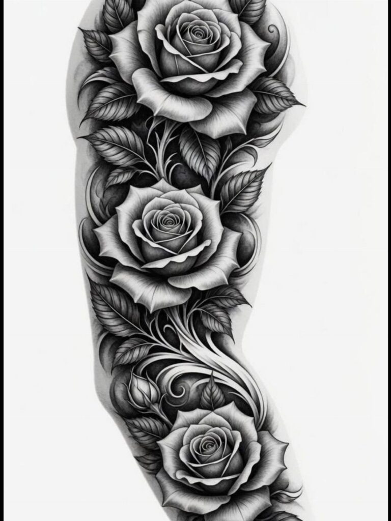 Black and grey rose tattoo design featuring three roses and swirling leaves.