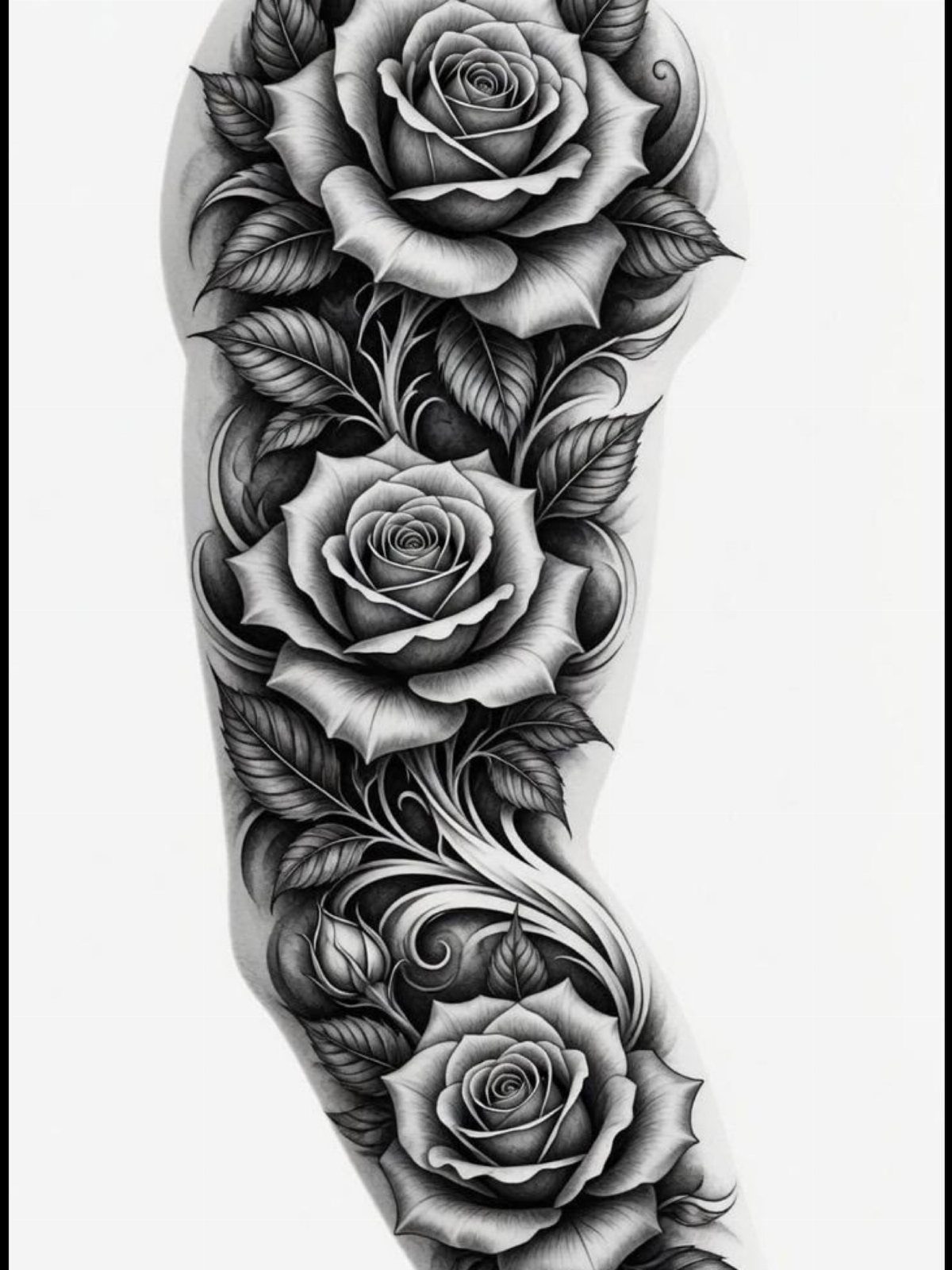 Black and grey rose tattoo design featuring three roses and swirling leaves.