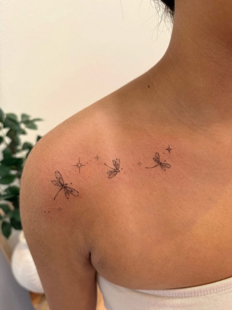 Three small dragonfly tattoos with stars on a person's shoulder and upper back.
