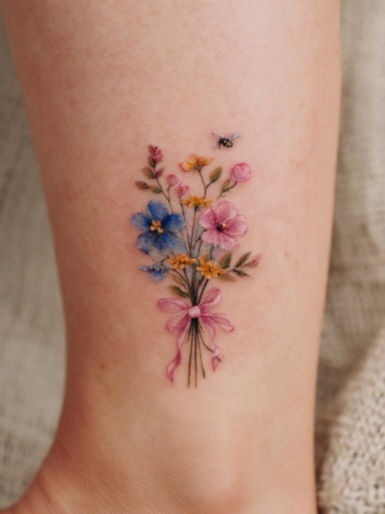 Colorful flower bouquet tattoo with a pink ribbon and bee on an ankle