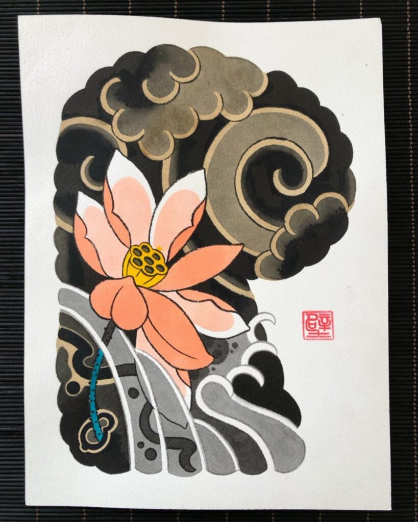 Pink and white lotus flower painting with traditional Japanese clouds and waves.