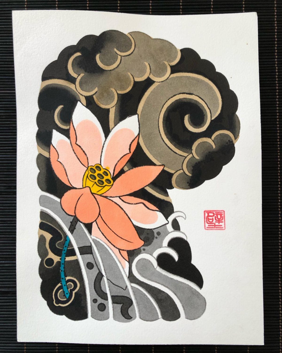 Pink and white lotus flower painting with traditional Japanese clouds and waves.